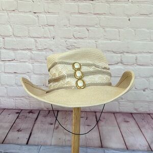 80’s Michelle Mcgann By SONNI straw summer hat adorned with lace & faux pearls